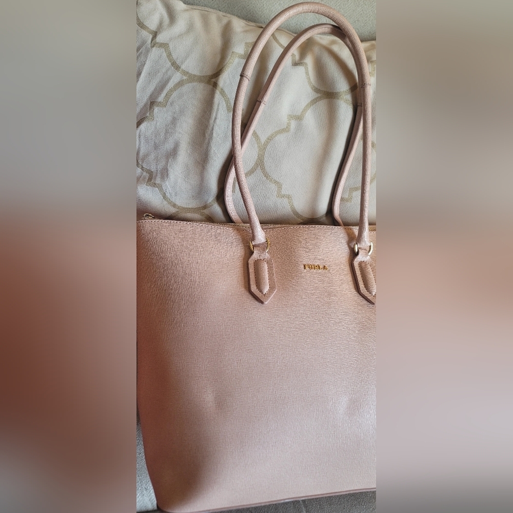 Furla Leather Tote Bag Pink Zip Up Saffino Leather Bottom Studs Large Structured - Picture 14 of 16